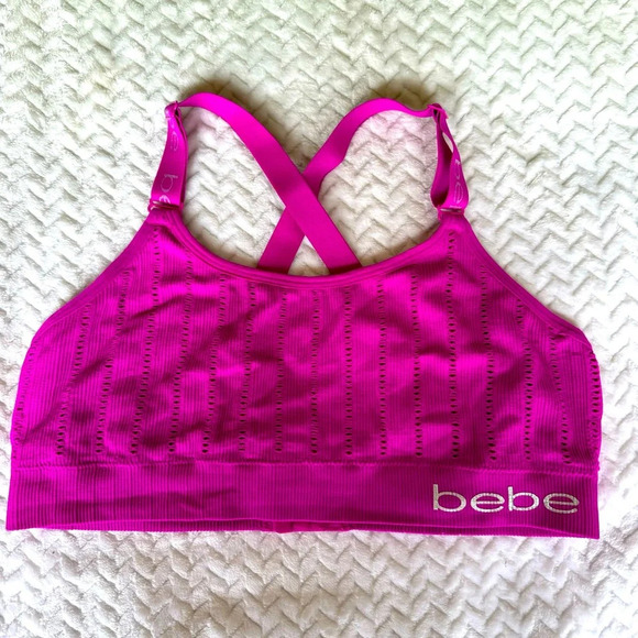 bebe Magenta Sports Bra with Criss Cross Logo Straps size 2X - Picture 1 of 5
